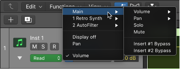 Figure. Choosing an automation parameter from the pop-up menu.