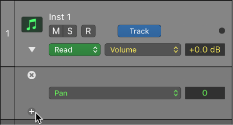 Figure. Pointing to the plus button on an automation subtrack.