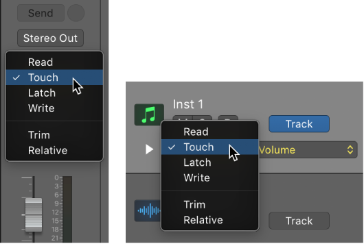 Figure. Side-by-side of the Automation Mode pop-up menu in the channel strip and track header.