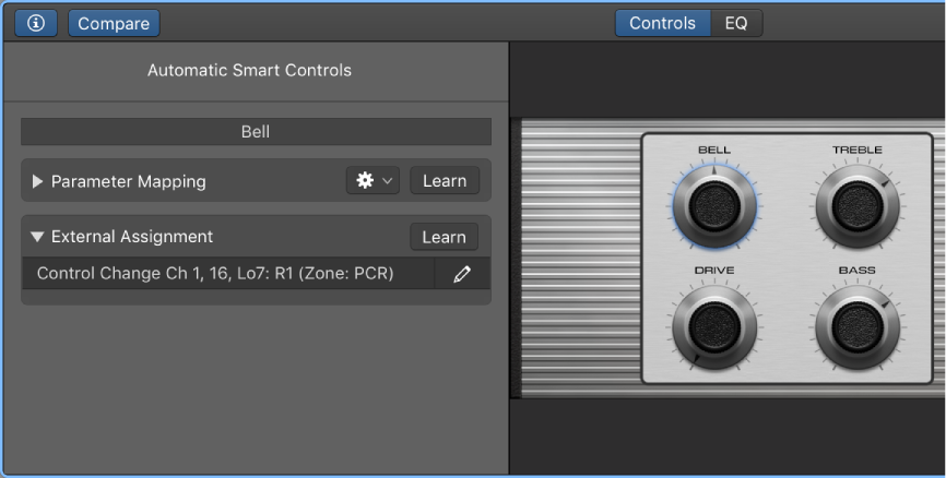 Figure. Smart Control inspector open, showing External Assignment area
