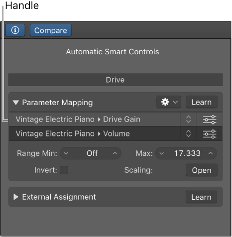 Figure. Parameter Mapping area, showing mapping and its handle.