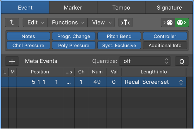 Figure. Event List showing screenset meta event.