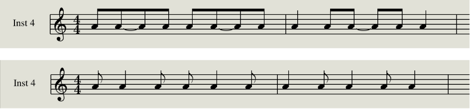 Figure. Syncopation disabled and enabled in the Score Editor.