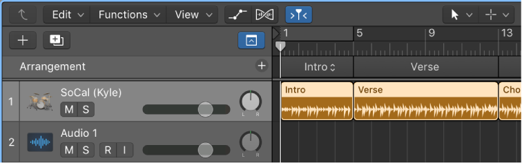 Figure. A Drummer track containing five regions to match the five arrangement markers.