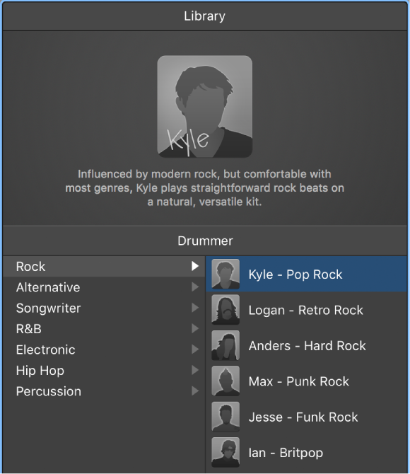 Figure. Drummer Library showing genres and drummers.