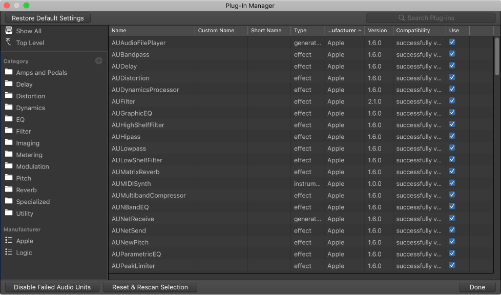 Figure. Audio Units Manager window.
