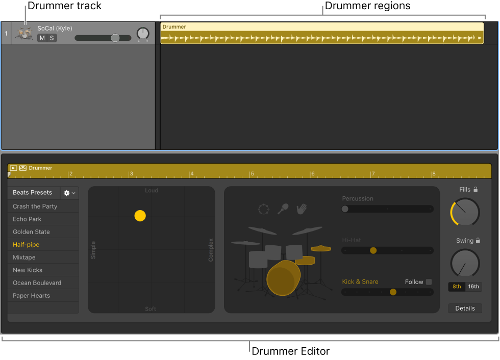 Figure. Shows a Drummer track containing Drummer regions, and the Drummer Editor.