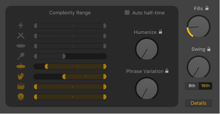 Figure. Humanize knob, Evolution knob, and Complexity Range sliders in the Drummer Editor.