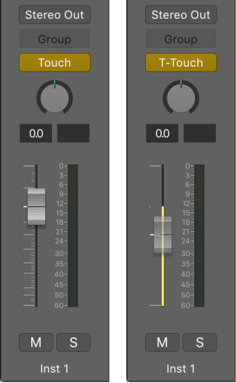 Figure. Volume fader set to Trim Touch mode.