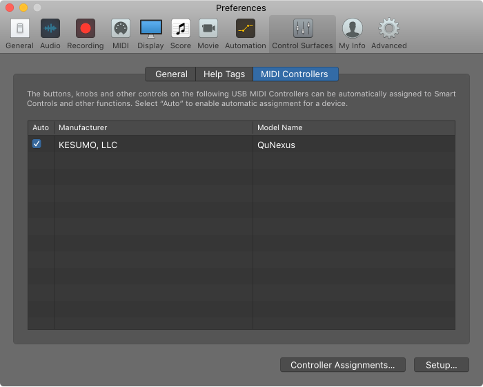 Figure. Control Surfaces USB MIDI controller tab.
