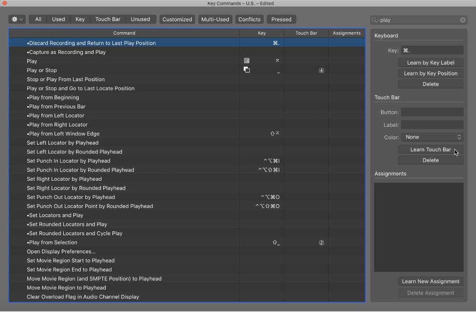 Figure. Assigning a function to the Touch Bar Keyboard Shortcuts screen.
