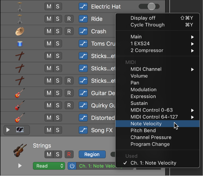 Figure. Selecting a MIDI control parameter for region-based automation.