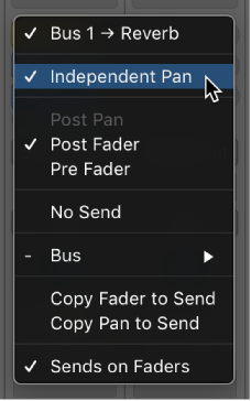 Figure. Independent Pan mode in Send pop-up menu.