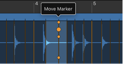 Figure. Smart Tempo Editor showing beat markers, with Move Marker handle selected.