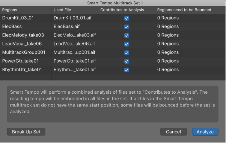 Figure. Smart Tempo Multitrack Set window showing the audio files used in the multitrack set.