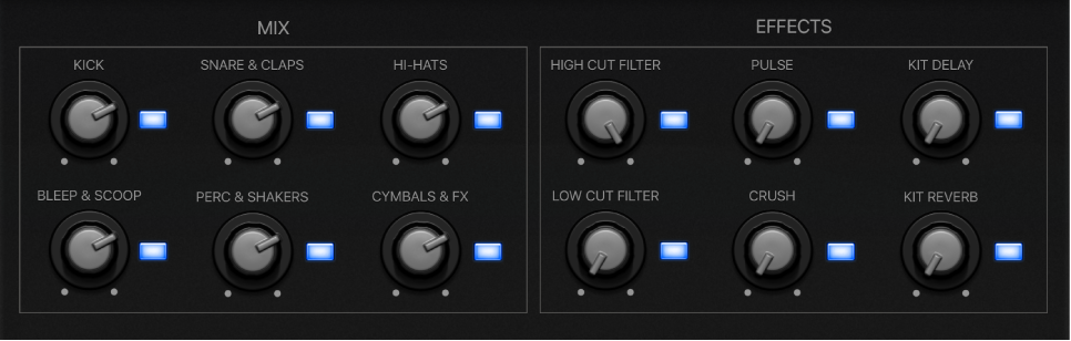 Figure. Smart Controls Mix and Effects controls for groups in a drumkit.