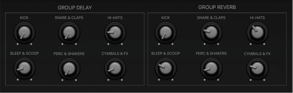 Figure. Smart Controls Delay and Reverb controls for groups in a drumkit.