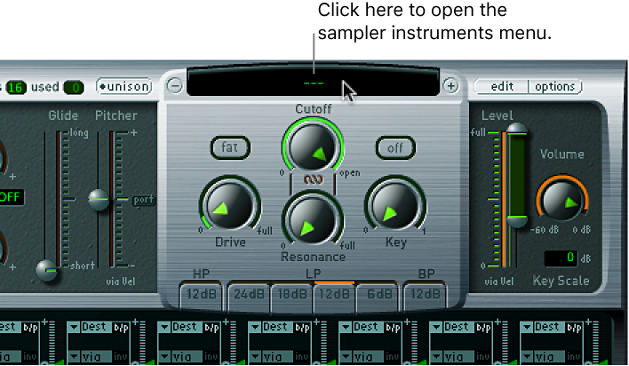 Figure. Sampler Instruments pop-up menu, open, showing menu items.