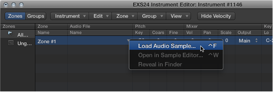Figure. Pop-up menu showing Load Audio Sample.