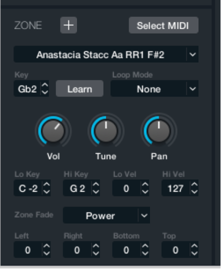 Figure. Zone parameters in Main source edit window.