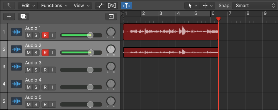 Figure. Showing audio recordings on two audio tracks.