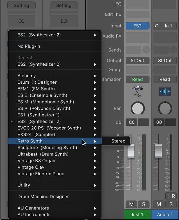 Figure. Choosing an instrument from the pop-up menu.