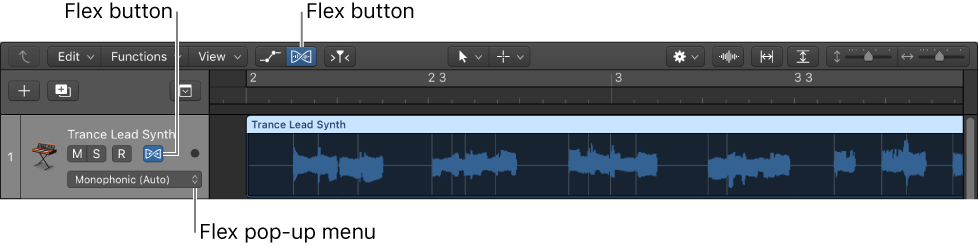 Figure. Flex button and Flex pop-up menu in an audio track header.
