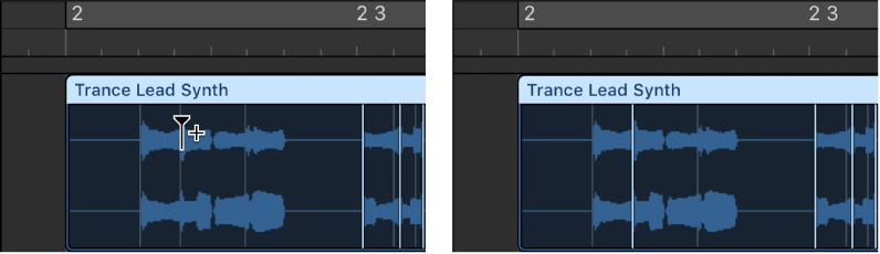 Figure. Audio region showing flex marker creation on top of transient marker.
