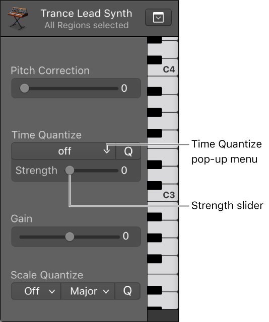 Figure. Time Quantize pop-up menu and Strength slider.