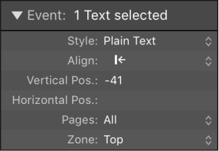 Figure. Global text object parameters in the Event Parameter box.