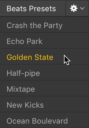 Figure. Choosing a preset in the Drummer Editor.
