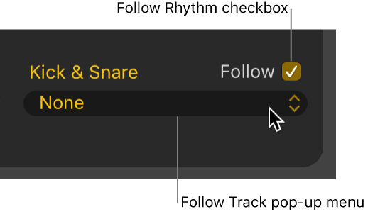 Figure. Follow checkbox and Follow Track pop-up menu in the Drummer Editor.