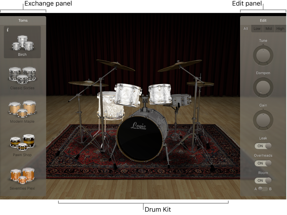 Figure. Drum Kit Designer showing the drum kit, Exchange panel, and Edit panel.