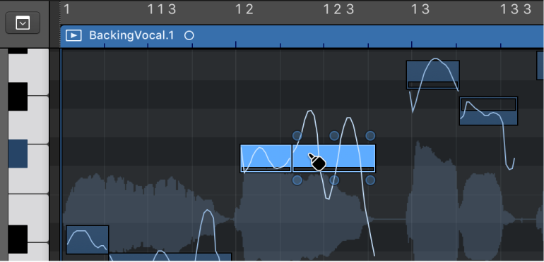 Figure. Merging two notes with the Glue tool in the Audio Track Editor.