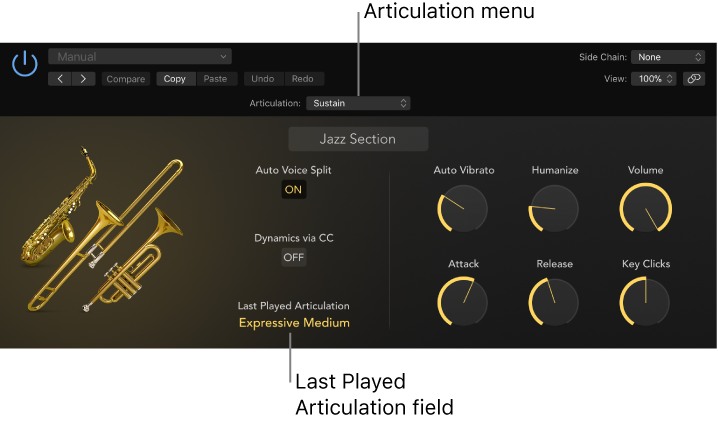 Figure. Software instrument showing Articulation menu and Last Played Articulation field.