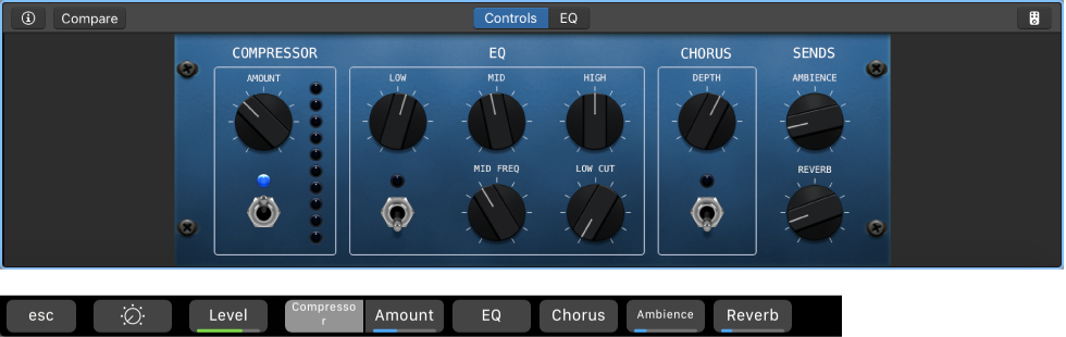 Figure. Acoustic guitar track Smart Controls and dynamic Smart Controls screen shortcuts.