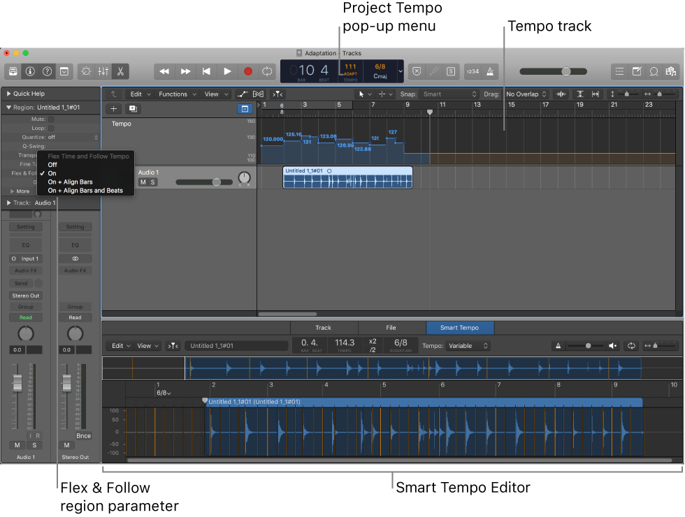 Figure. Project showing recording, Adapt mode chosen, tempo changes in the Tempo track, and the Smart Tempo Editor open.