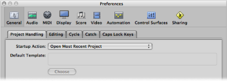 Figure. Startup Action menu in the Project Handling pane in the General preferences.