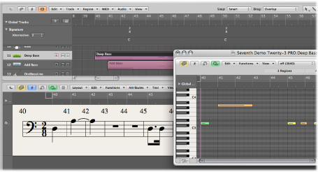 Figure. Arrange area, Score and Piano Roll Editors with time signatures at 2/8 and 6/8.