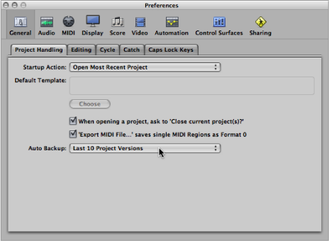 Figure. Auto Backup menu in the Project Handling pane in the General preferences.