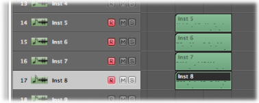 Figure. Arrange area with new MIDI regions on the four record-enabled tracks.