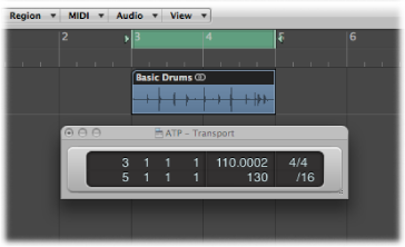 Figure. Arrange area showing project tempo in Transport bar matching audio length and locators.