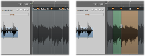 Figure. Two audio regions showing the region before and after a flex marker is moved to the left.