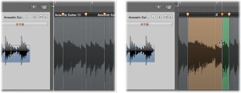 Figure. Two audio regions showing the region before and after a flex marker is moved to the right.