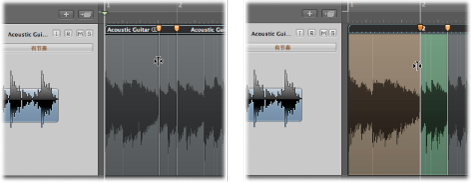Figure. Two audio regions showing the region before and after a flex marker is moved to the right and overlaps the following flex marker.