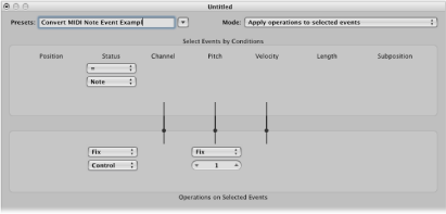 Figure. Transform window showing settings for converting MIDI note events to MIDI controller 1 events.