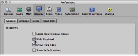 Figure. General pane of the Display preferences with the Wide Playhead checkbox selected.