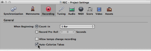 Figure. Auto-Colorize Takes checkbox in the Recording project settings pane.