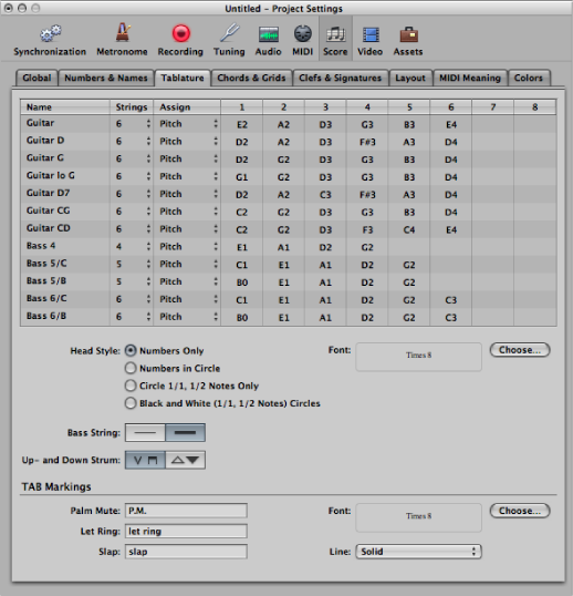 Figure. Tablature pane of the Score project settings.