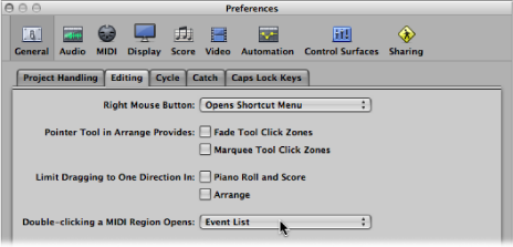 Figure. General Editing preferences showing “Double-clicking a MIDI Region opens” pop-up menu.